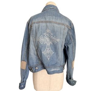 Vintage Y2K era Old Navy Denim Cargo Utility Jean Jacket Bejeweled Silver Cross